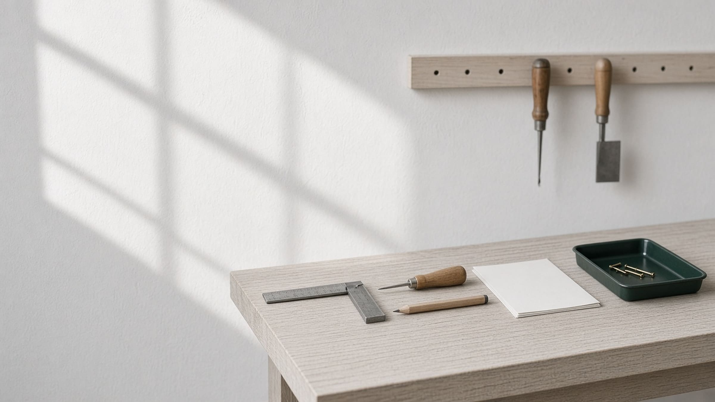 Hand tools, blank paper and a green tray on a pale workbench in window light.