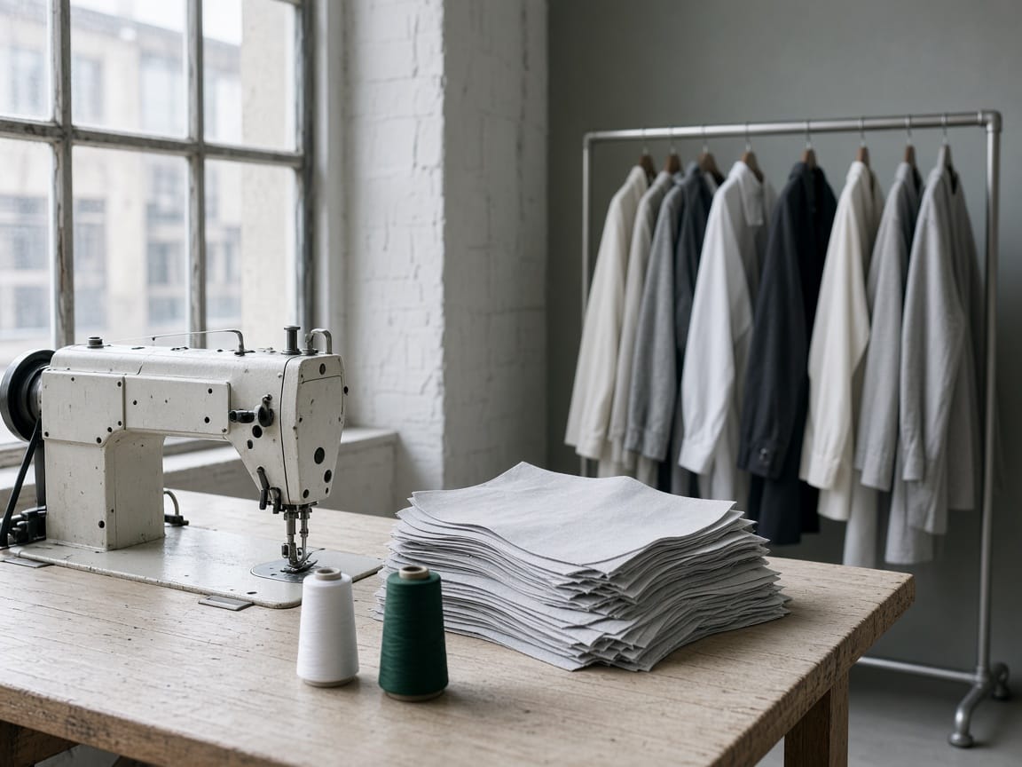 A sewing machine, cut fabric and a rail of garments by a window.