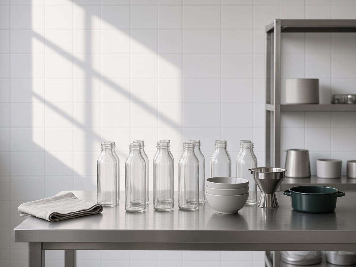 Clear glass bottles, bowls and a steel funnel on a stainless prep table.