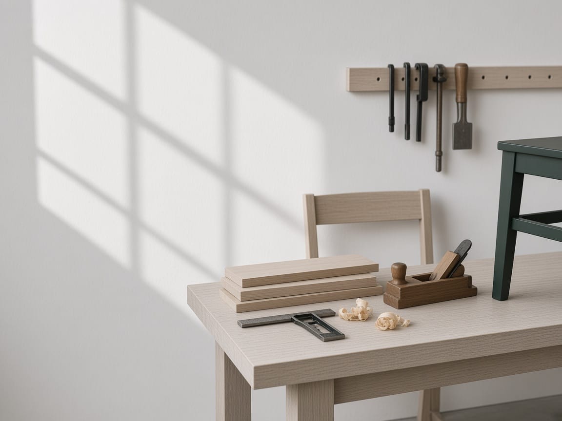Planed boards, a hand plane and a square on a pale woodworking bench, a green stool beside it.