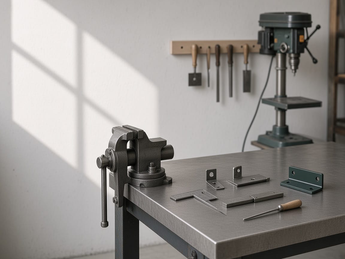 A bench vise and cut steel brackets on a metal workbench, a drill press behind.