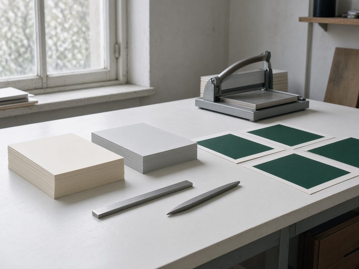 Card stock, a bone folder and green printed sheets on a finishing table.