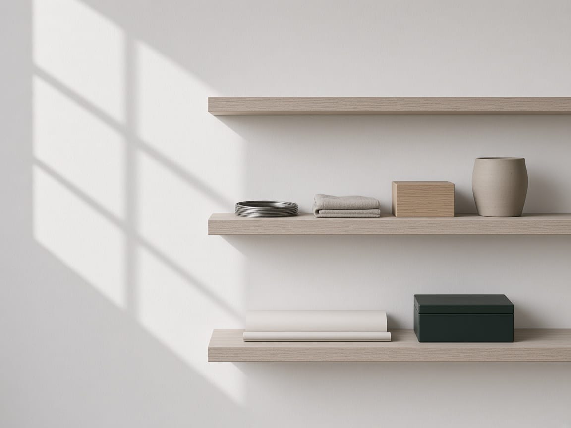 Plain shelves holding a folded cloth, a wooden block, a clay vessel and a green box.